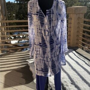 Blue and White Button-Up Tunic and leggings